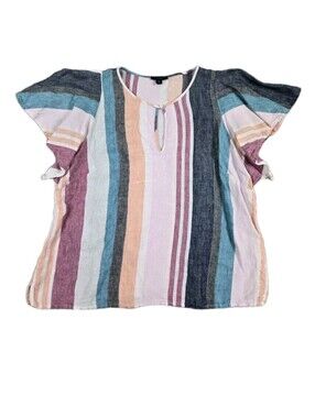 J.Crew 100% Linen Top Size 16 Multicolor Stripe Flutter Sleeve Vacation Preppy